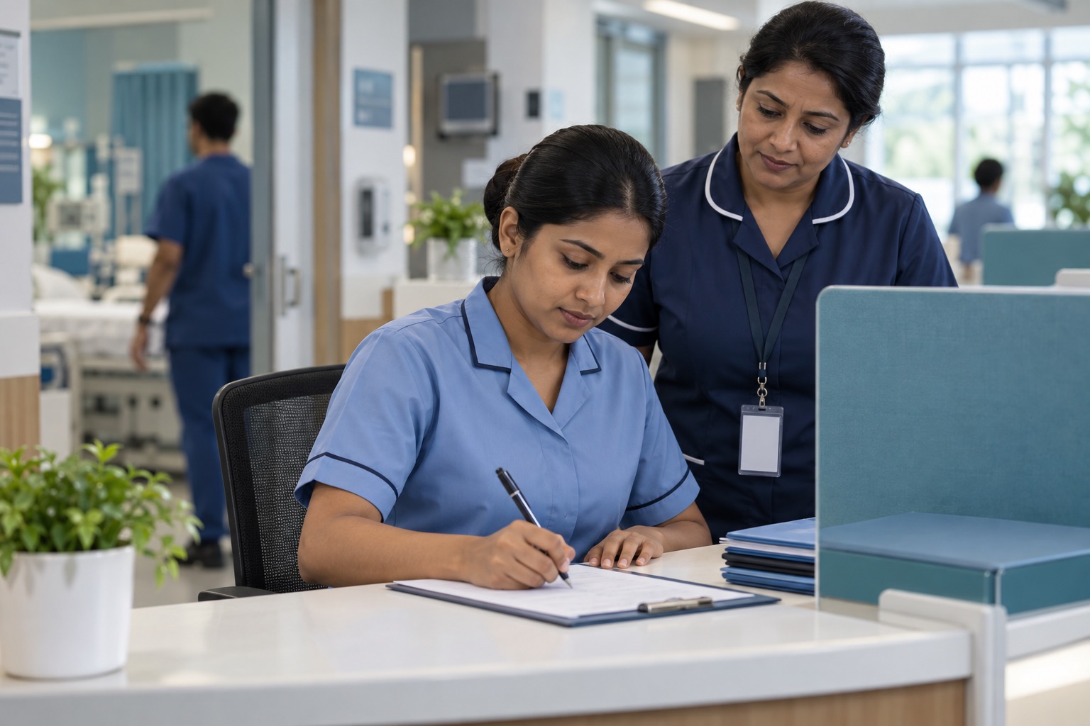 Healthcare trainee learning accurate electronic and paper documentation with a clinical mentor