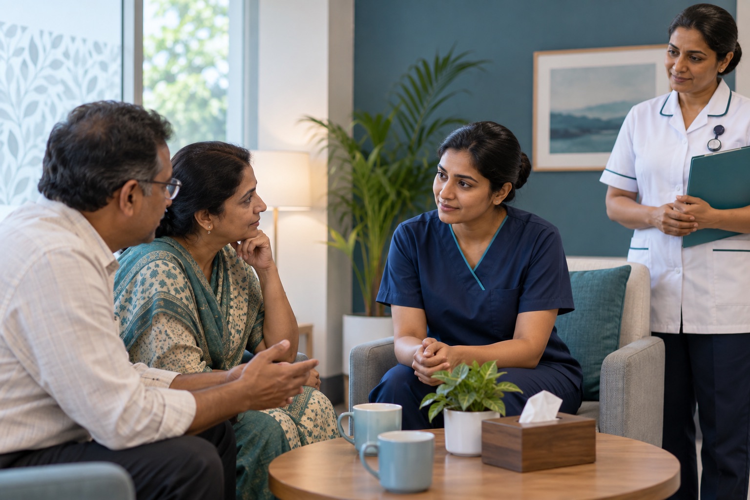 Indian healthcare support trainee practising respectful family communication with an instructor