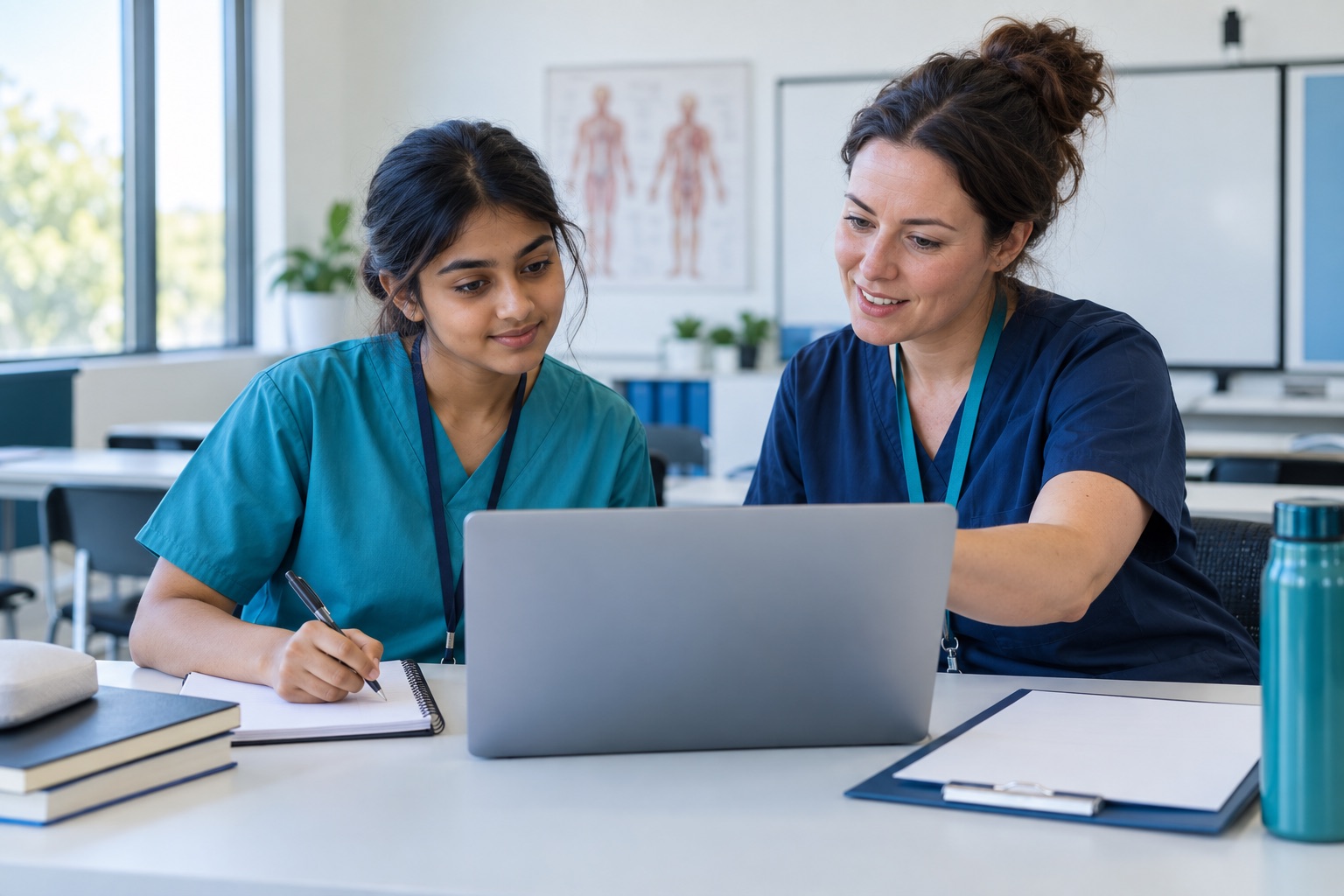 Mentor और laptop के साथ secure digital documentation सीखती Indian Healthcare Assistant trainee
