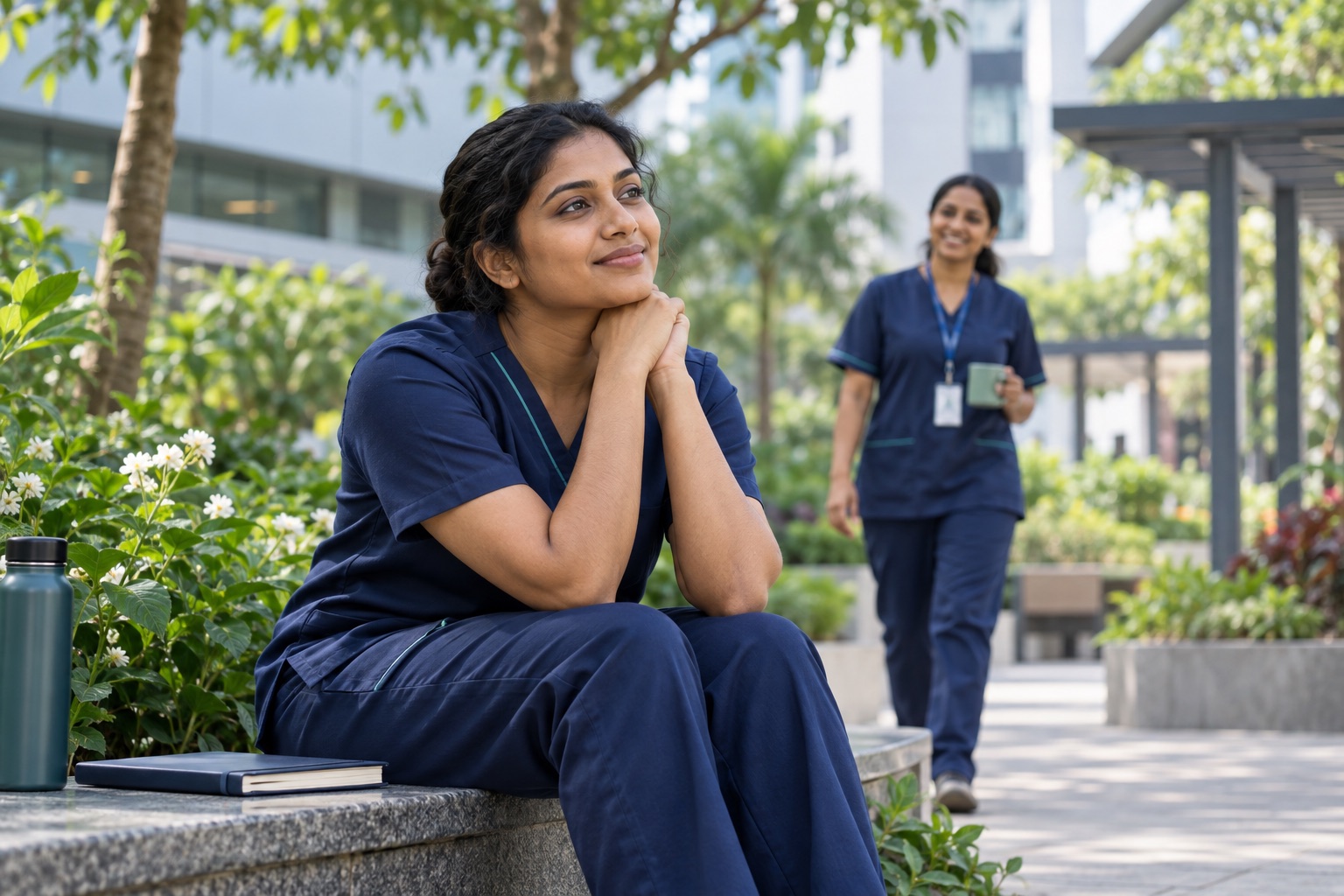 Supportive mentor के साथ calm reflective conversation करती Indian healthcare trainee