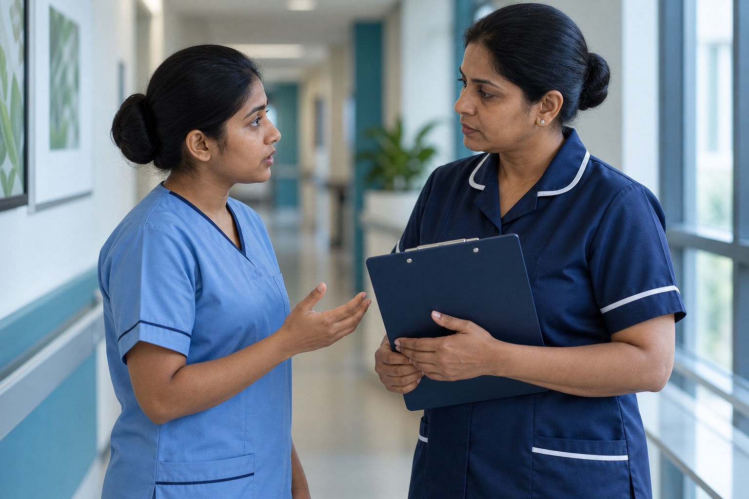 Healthcare assistant trainee discussing a patient concern scenario with an instructor beside a practice bed