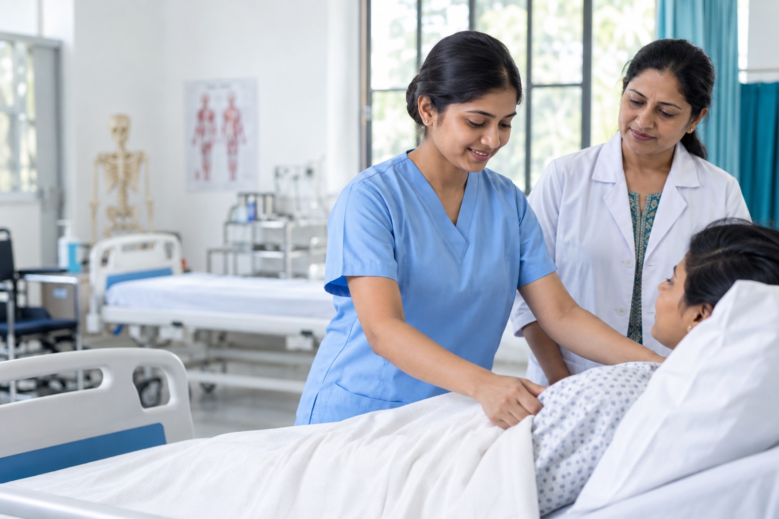 भारत की clinical skills classroom में supervised bedside support सीखती Healthcare Assistant trainee