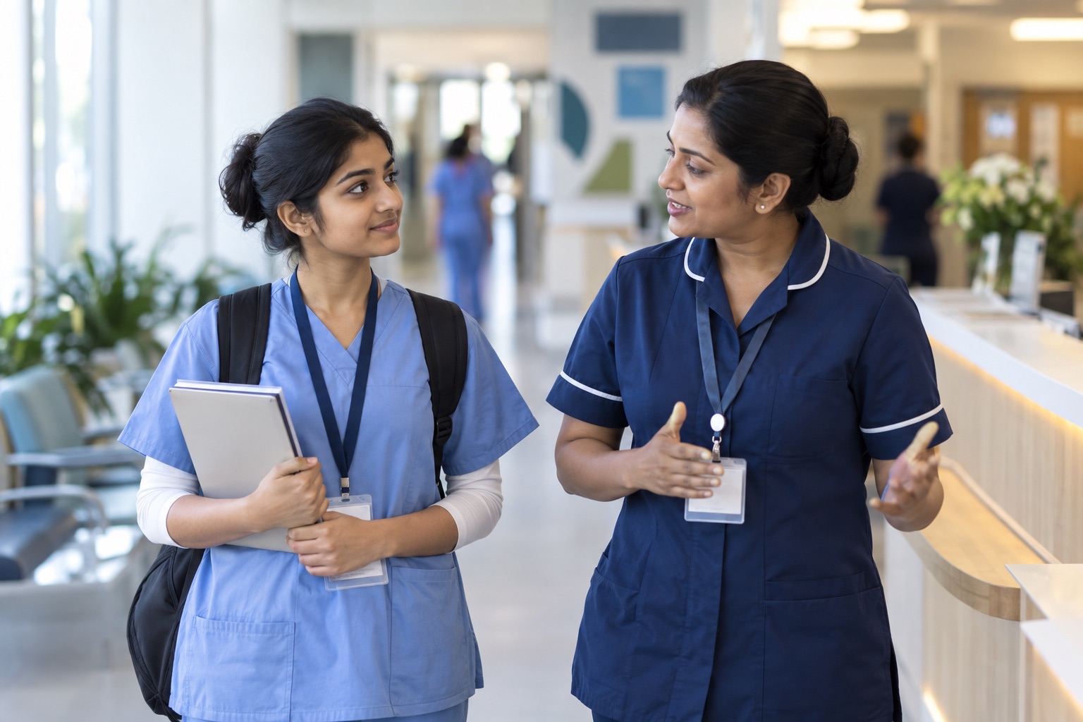 Modern Indian training room में mentor से first-week guidance लेती Healthcare Assistant trainee