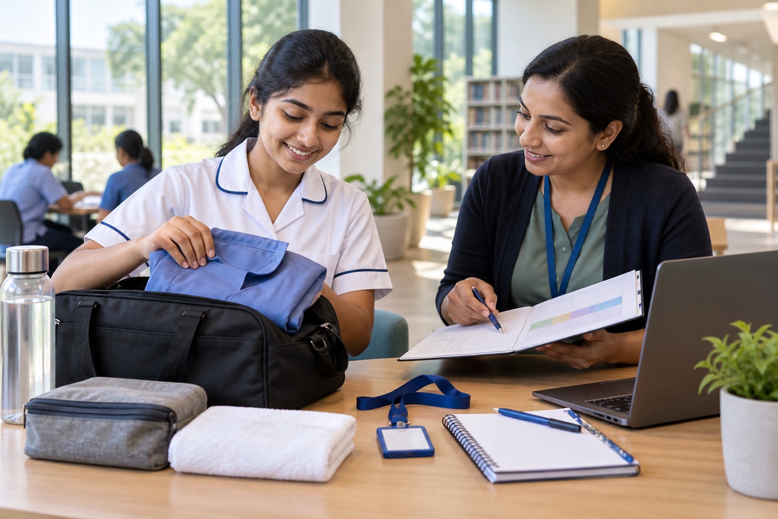 Laptop और notebook पर OJT plan organise करते Indian healthcare trainee और mentor