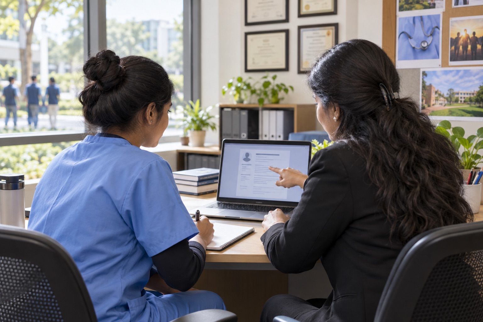 Indian healthcare assistant fresher reviewing a simple resume with a career mentor