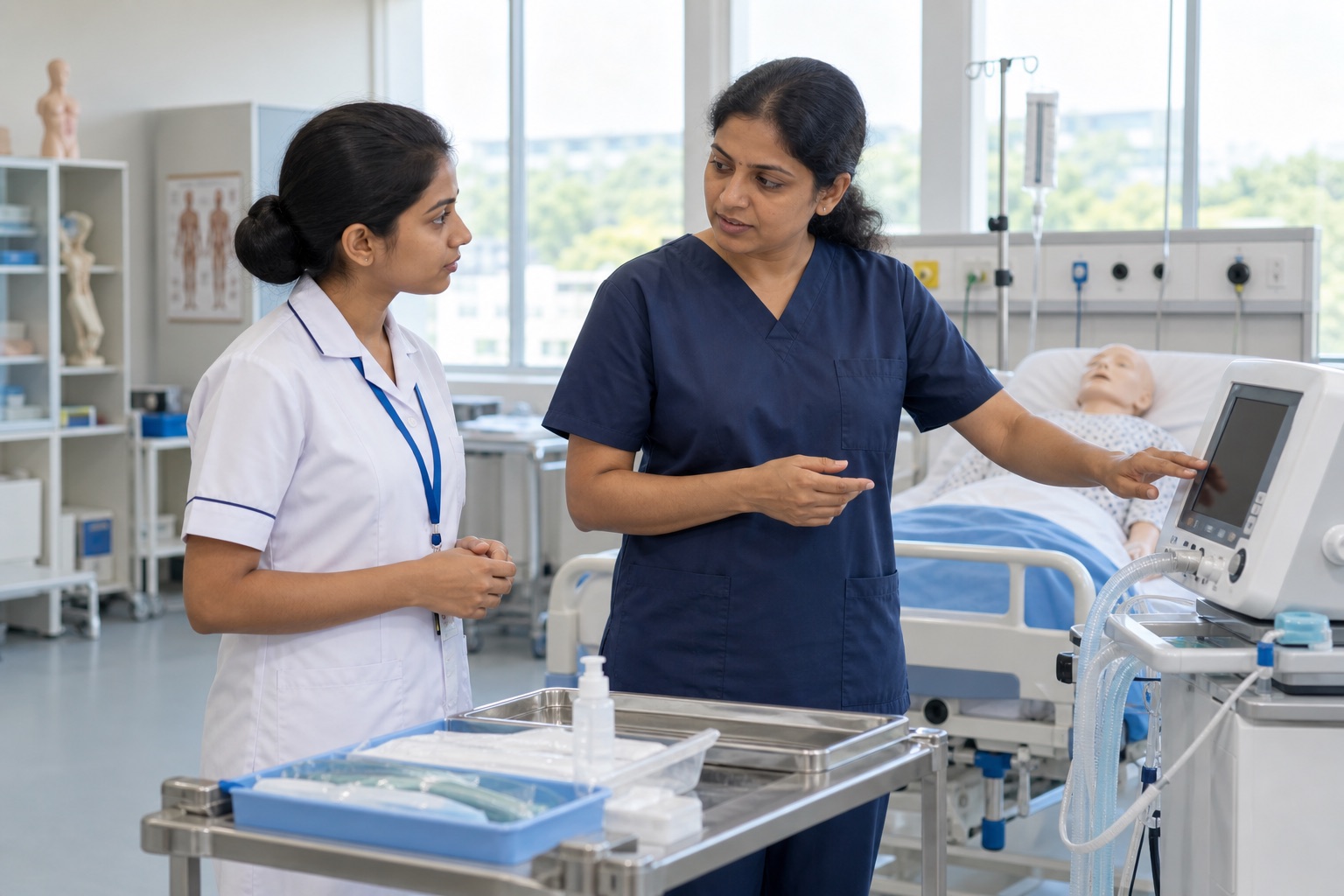 Practice bed के पास Indian trainee को safe support boundaries समझाती healthcare instructor
