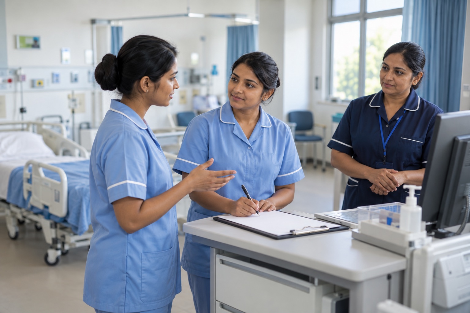 Clinical instructor के साथ structured shift handover practise करते Indian healthcare trainees