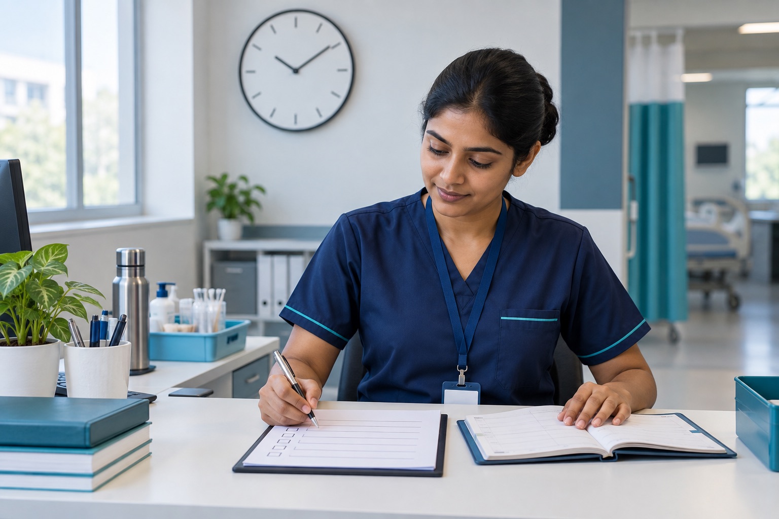 Healthcare assistant trainee organising a shift task list beside clean clinical supplies