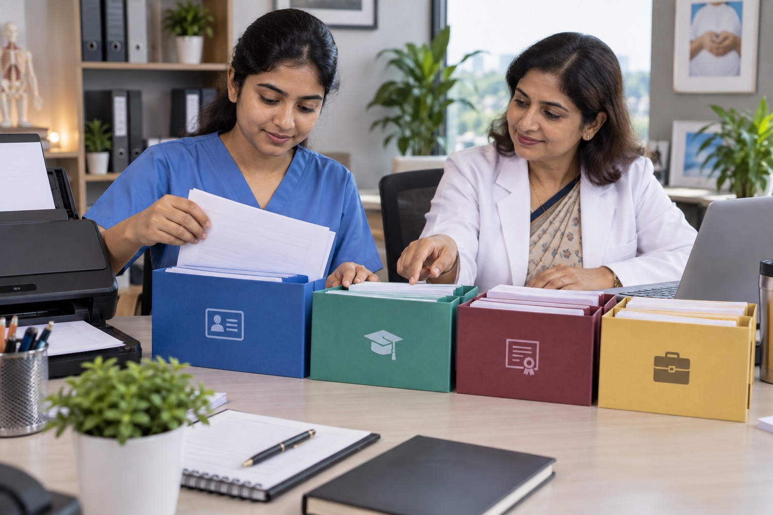 Healthcare job candidate organising application documents securely with a mentor and laptop