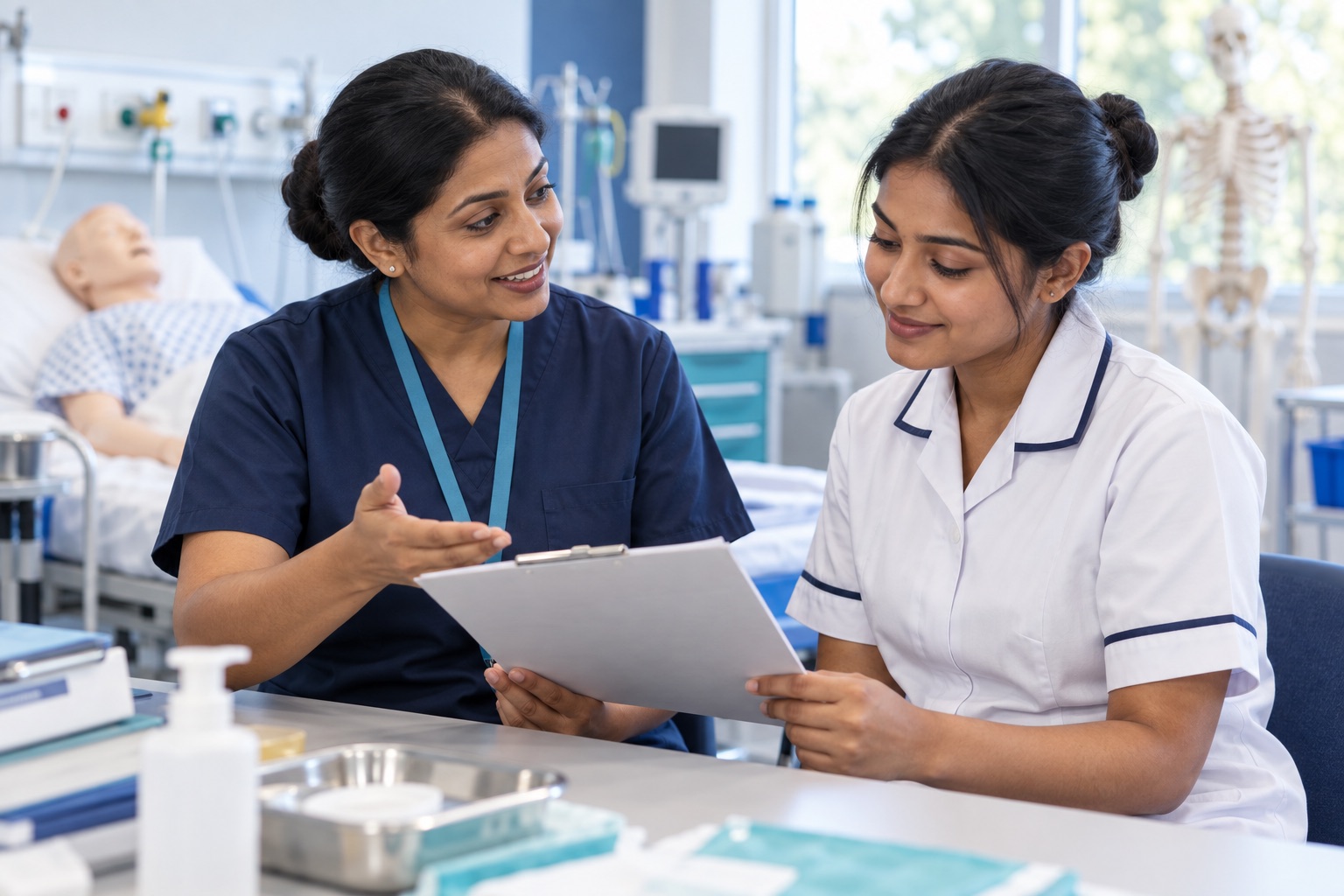 Classroom में mentor के साथ constructive feedback discuss करती Indian healthcare trainee