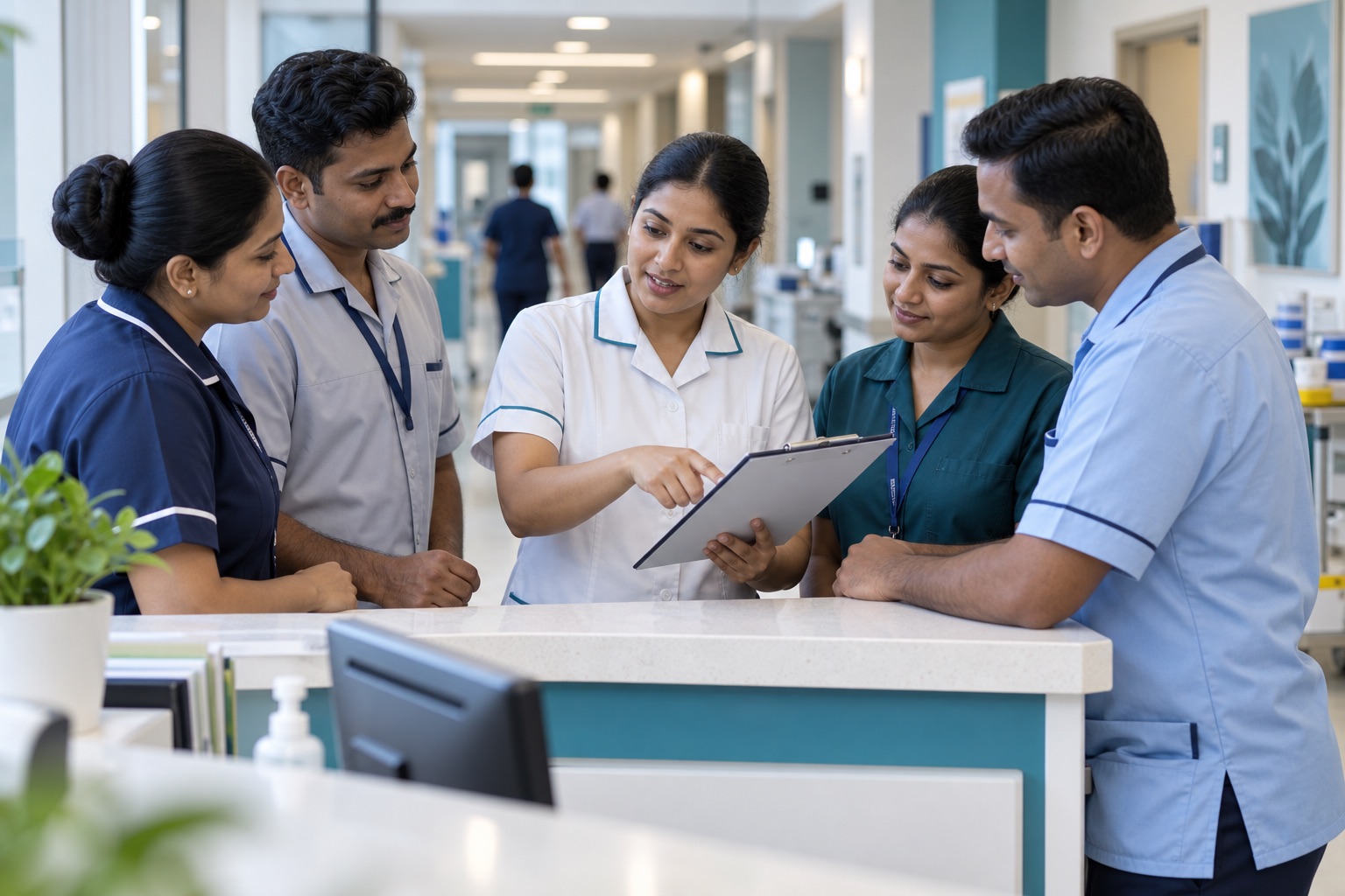Indian healthcare support team discussing responsibilities with a supervisor in a training lab