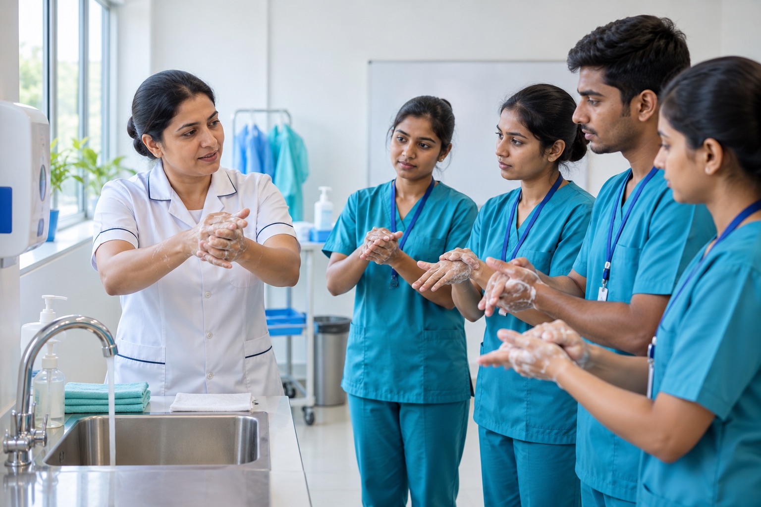 Clinical classroom में instructor से correct hand hygiene सीखते Indian healthcare trainees