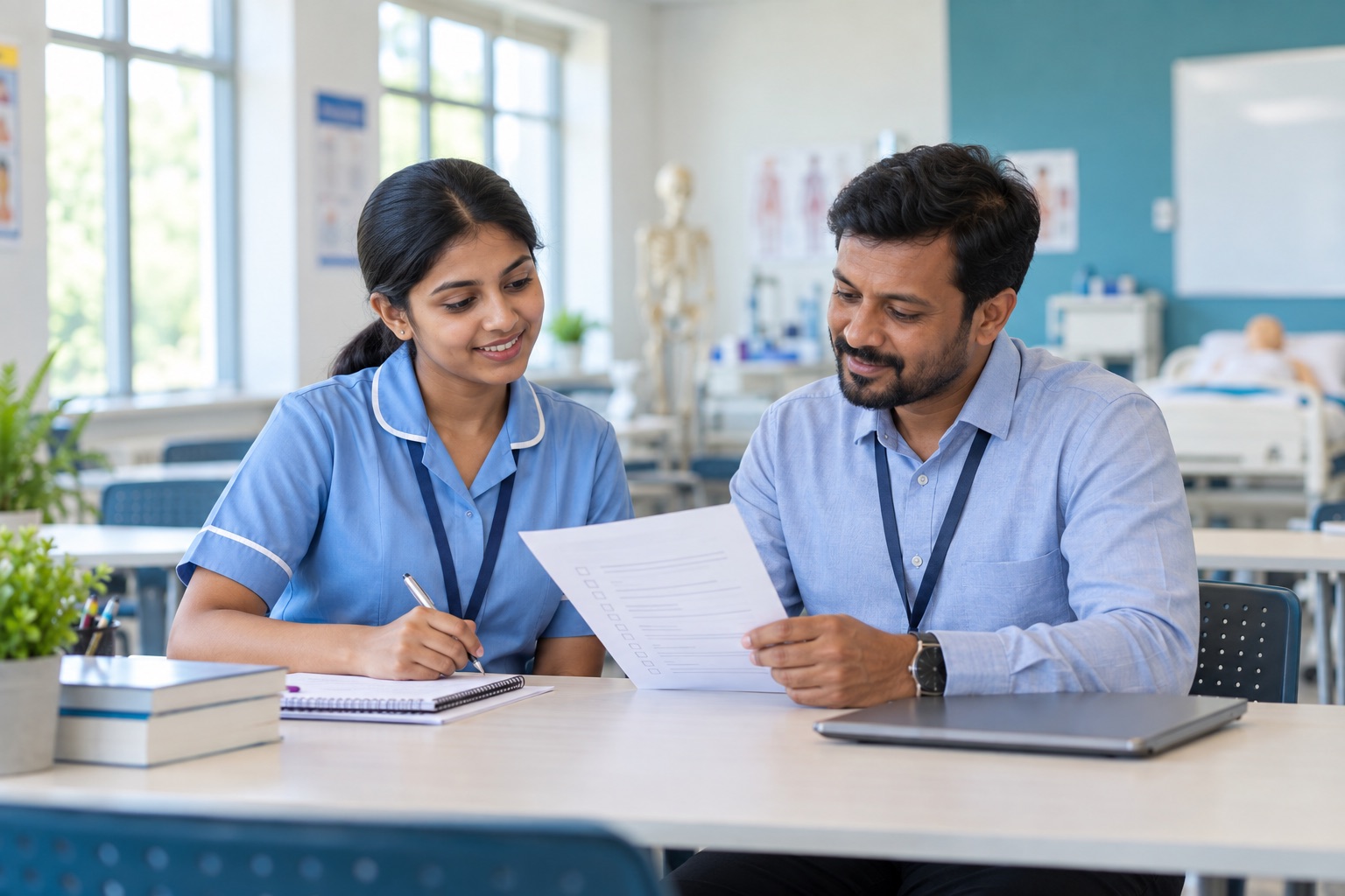 Indian clinical training classroom में mentor के साथ interview checklist देखती Healthcare Assistant candidate