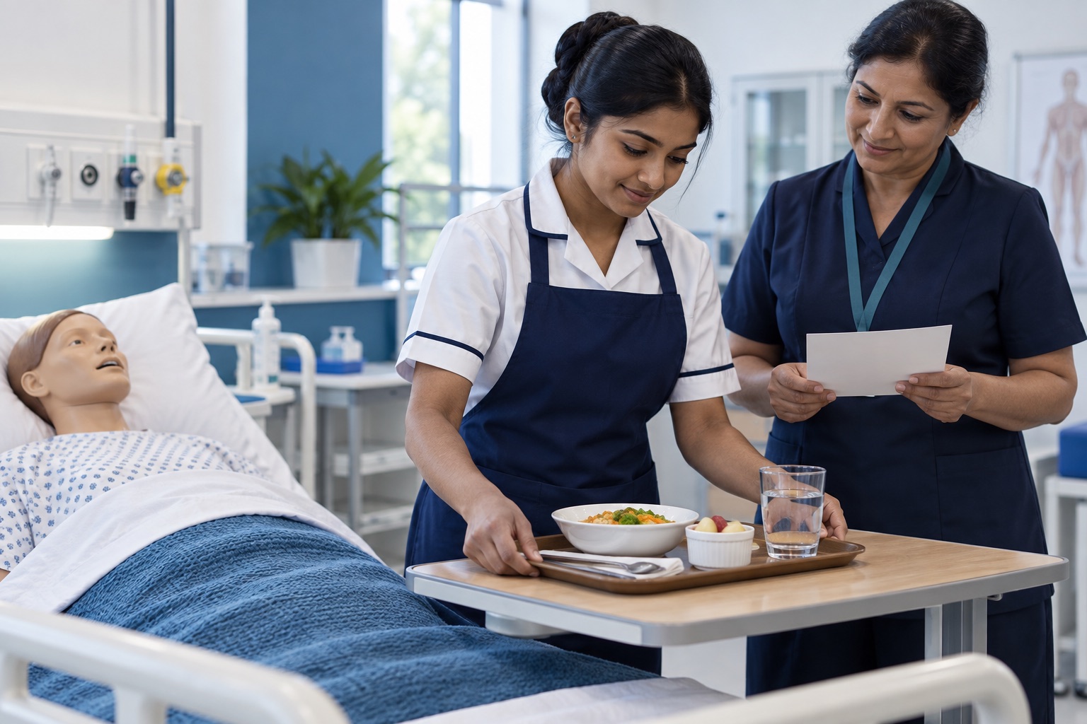 Healthcare assistant trainee learning respectful meal support with a clinical instructor and mannequin