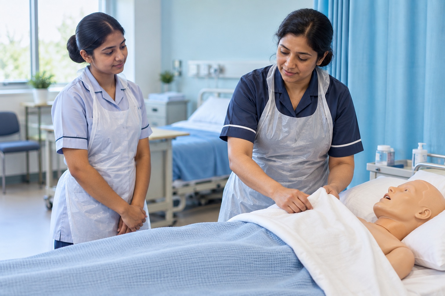 Indian healthcare assistant trainee learning respectful bedside support with an instructor and training mannequin