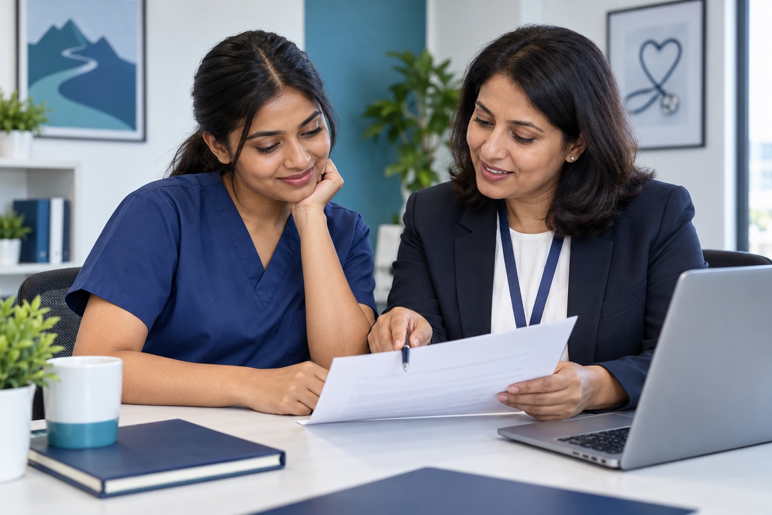 Career adviser के साथ written employment offer review करती healthcare job candidate