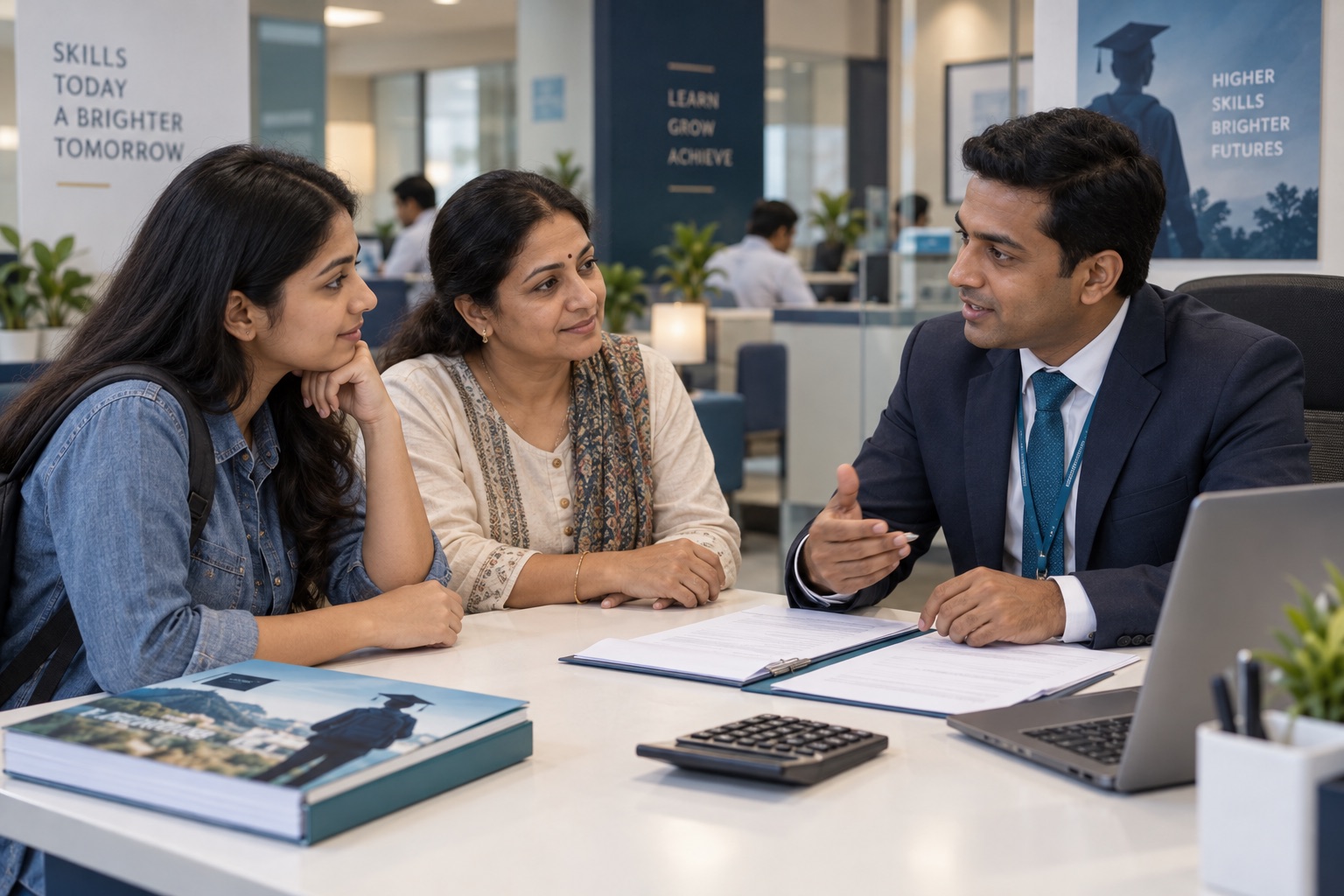 Bright classroom में course finance questions और documents review करते Indian learner और adviser