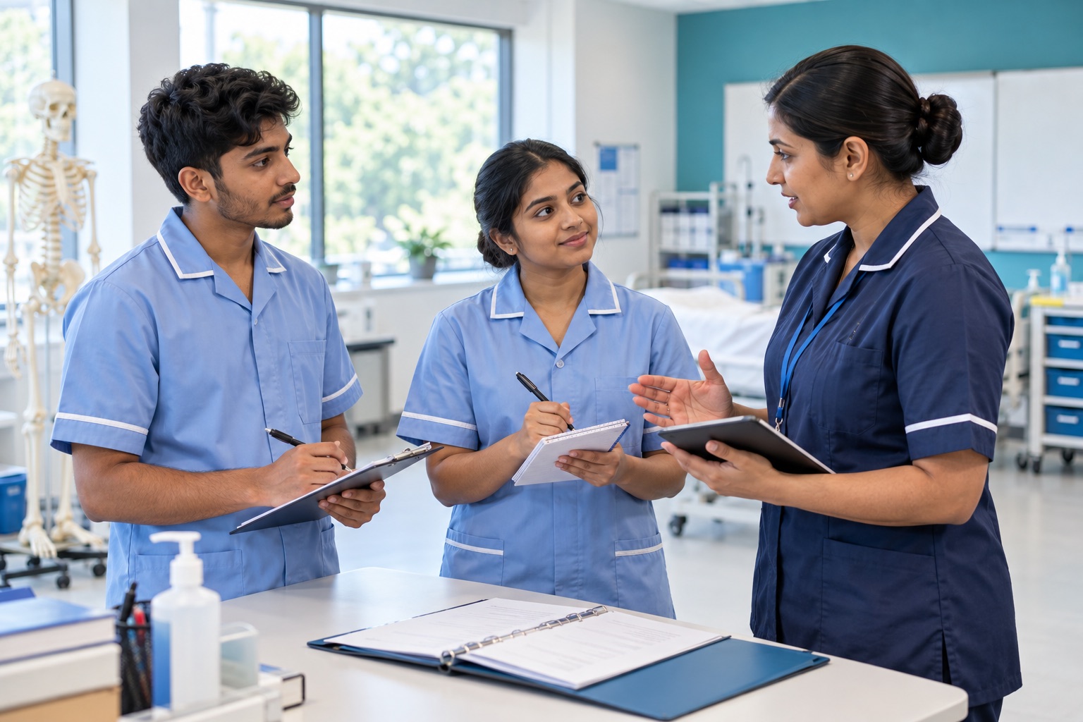 Skills lab में instructor के साथ clear shift communication practice करते Indian Healthcare Assistant trainees