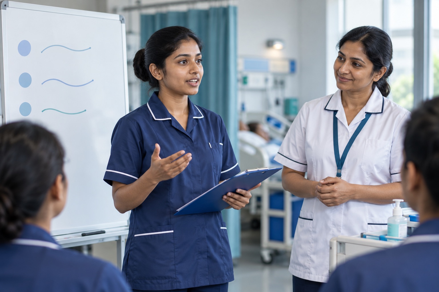 Skills classroom में instructor के साथ simple workplace English practise करते Indian healthcare trainees